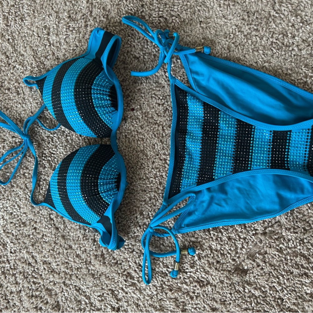 Victoria's Secret Blue and Black Rhinestone Bikini Set